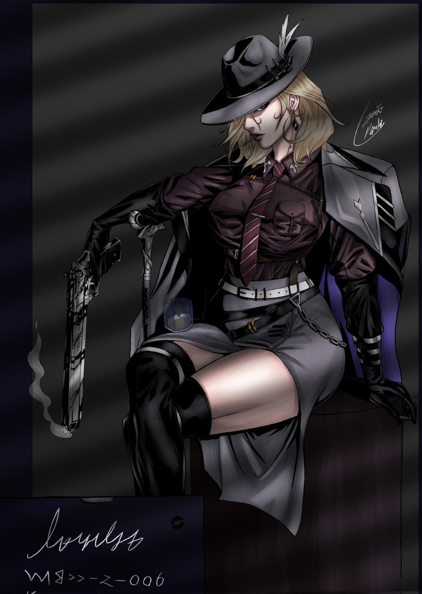 blonde_hair breasts curvaceous_female curvaceous_figure curvy curvy_figure earrings gun hat jacket jp7art langley_(path_to_nowhere) path_to_nowhere shadows sitting skirt suit thigh_highs thighs tie