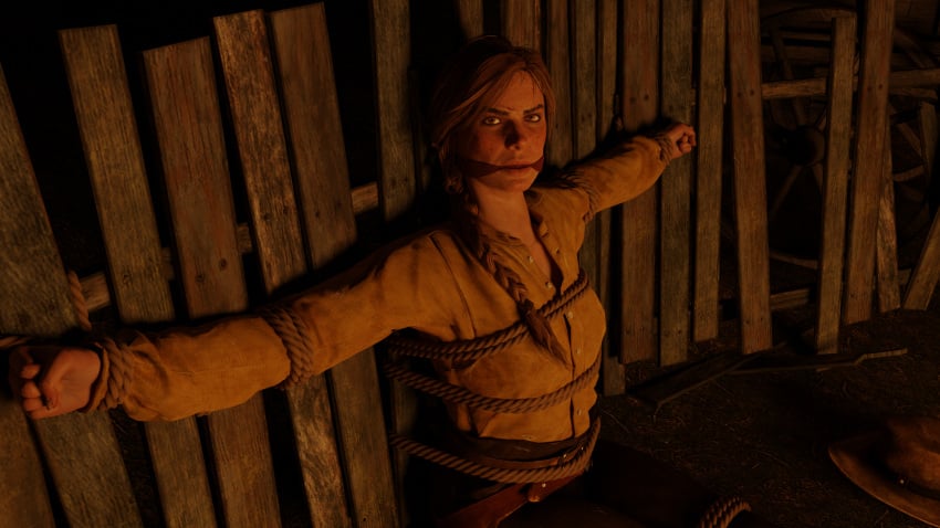 1girls 3d angry blonde_hair bondage bondage boots bound bound_arms bound_legs bounty_hunter captured cleave_gag cowgirl damsel_in_distress female female femsub gag gagged kidnapped looking_at_viewer looking_up maledom night old_west outdoors outside red_dead_redemption_(series) red_dead_redemption_2 restrained rindekey rope rope_bondage sadie_adler tied_arms tied_hair tied_legs tied_up wild_west