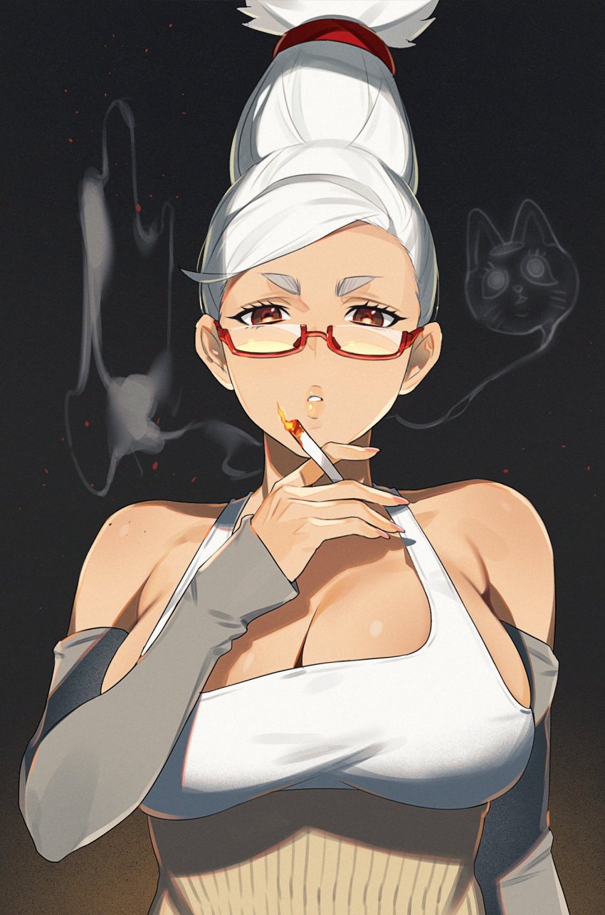 1girl ai-created ai_generated ayase_seiko bangs bare_shoulders big_breasts black_background breasts brown_eyes cat cigarette clavicle cleavage clothing dandadan detached_sleeves eyewear female female_only fit fit_female gilf glasses holding holding_cigarette huge_breasts large_breasts long_hair looking_at_viewer looking_down mandusaru mature mature_female mature_woman older_female parted_lips pink_nails ponytail red-framed_eyewear red_eyes semi-rimless_eyewear shirt simple_background sleeveless smoke smoking solo tagme tank_top thick_eyebrows tied_hair under-rim_eyewear upper_body white_hair white_tank_top