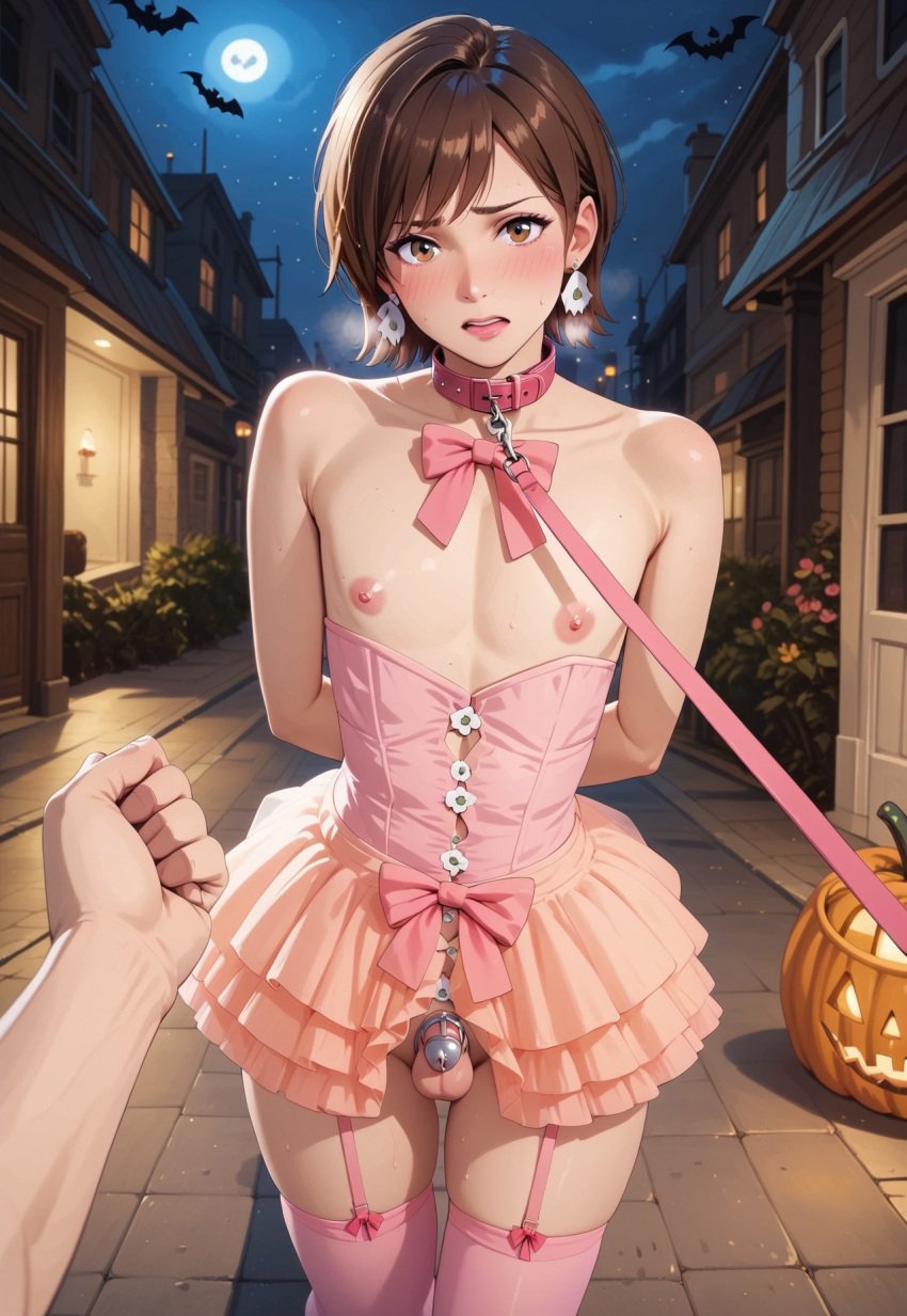 1boy ai_generated alley bats blush brown_eyes brown_hair chastity_cage city collar earrings femboy flat_chest garter_belt garter_straps germansissy humiliated leash leash_and_collar pink_legwear pink_ribbon public_exposure pumpkin short_hair sissy skirt thighhighs