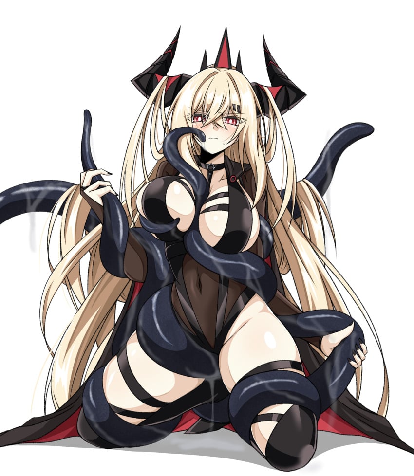 1girls black_cape black_choker black_leotard black_nails blonde_hair blush breasts bridal_gauntlets bright_pupils cape choker closed_mouth commentary counter:side covered_navel crossed_bangs demon_horns ecclesia_(counter:side) female female_focus furrowed_brow grabbing_another's_breast groin groping hair_between_eyes hair_on_horn highleg highleg_leotard highres horns jazz9207 kneeling large_breasts leg_grab leotard long_hair looking_at_viewer red_cape red_eyes sideboob simple_background solo suggestive_fluid tentacle tentacle_between_breasts tentacle_grab thighs two-sided_cape two-sided_fabric very_long_hair white_background white_pupils