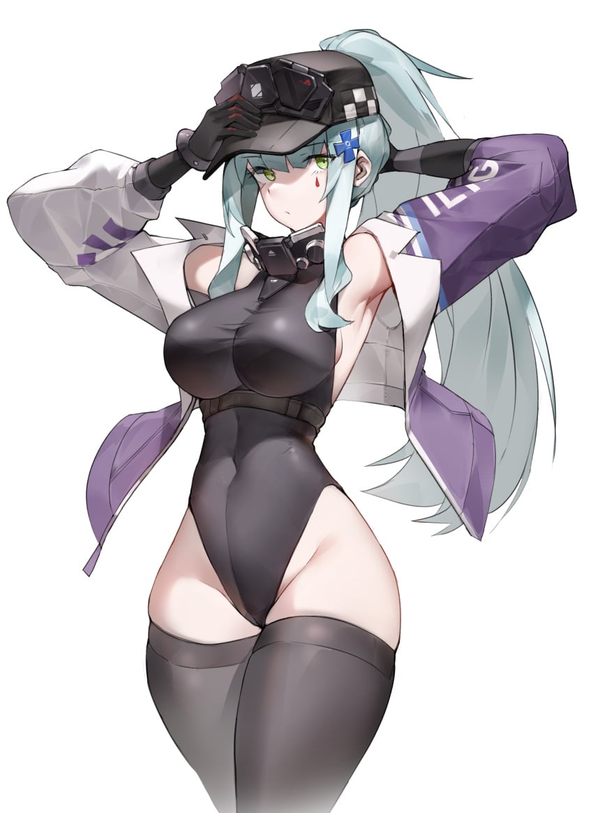 absurdres arm_behind_head armpits baseball_cap black_leotard black_thighhighs blue_hair breasts closed_mouth coteri covered_navel cowboy_shot dot_mouth english_commentary female girls'_frontline girls'_frontline_2:_exilium green_eyes hat highres hk416_(girls'_frontline) jacket leotard long_hair multicolored_clothes multicolored_jacket open_clothes open_jacket ponytail purple_jacket sideboob sidelocks simple_background sleeveless_leotard solo tattoo teardrop_facial_mark teardrop_tattoo thighhighs two-tone_jacket white_background white_jacket