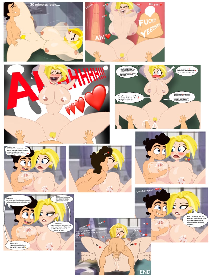 1boy 1female 1male aqualad background big_breasts black_hair blonde_hair cock_inside_pussy comic cum_in_pussy cum_inside dc dc_comics dc_super_hero_boys dc_super_hero_girls dialogue djpaint96-ii enjoying female fucking garth_bernstein_(shg) kara_danvers kara_zor-el milk_explosive milk_squirt part_2 penetration_sex screaming_in_pleasure sex sex_on_bed shooting_cum squirting_milk supergirl