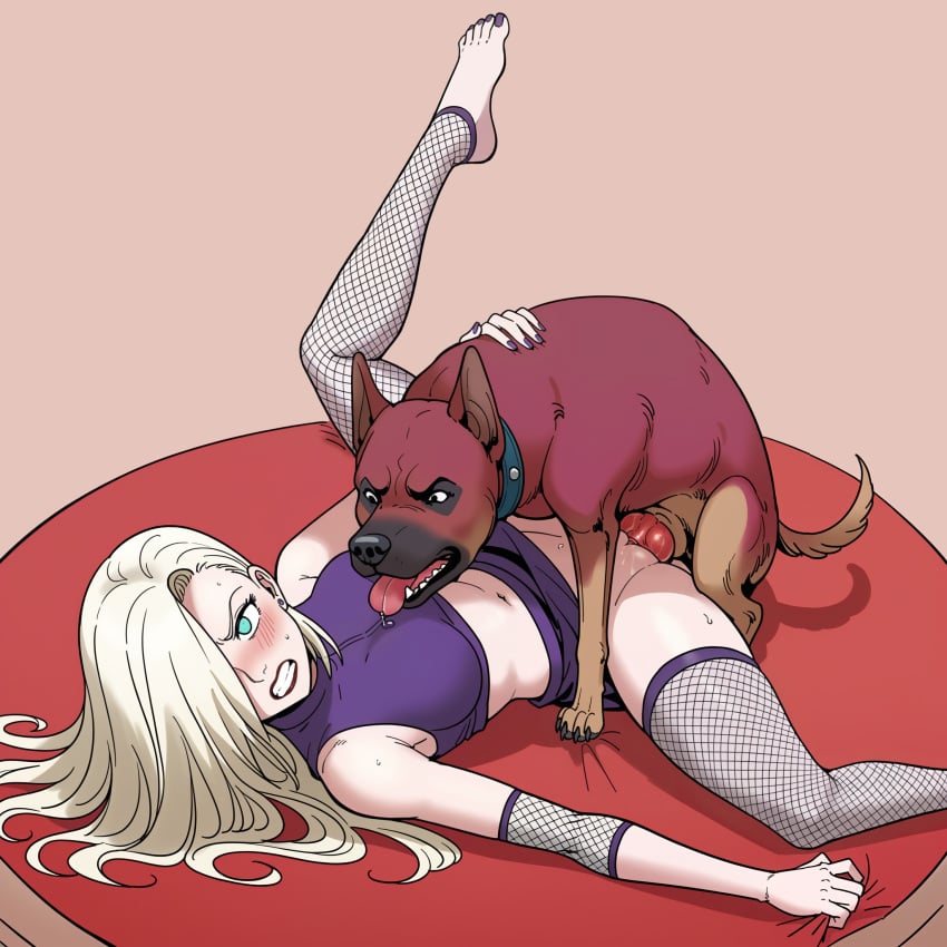 ai_generated animal bare_shoulders barefoot bestiality blonde_hair blush clenched_teeth earrings female fishnet_legwear fishnets green_eyes hair_over_one_eye ino_yamanaka jewelry knot long_hair lying nail_polish naruto navel ninja on_back on_side puppyhubby purple_nails ring sex skirt sweat thighhighs toenail_polish toenails uncensored zoophilia