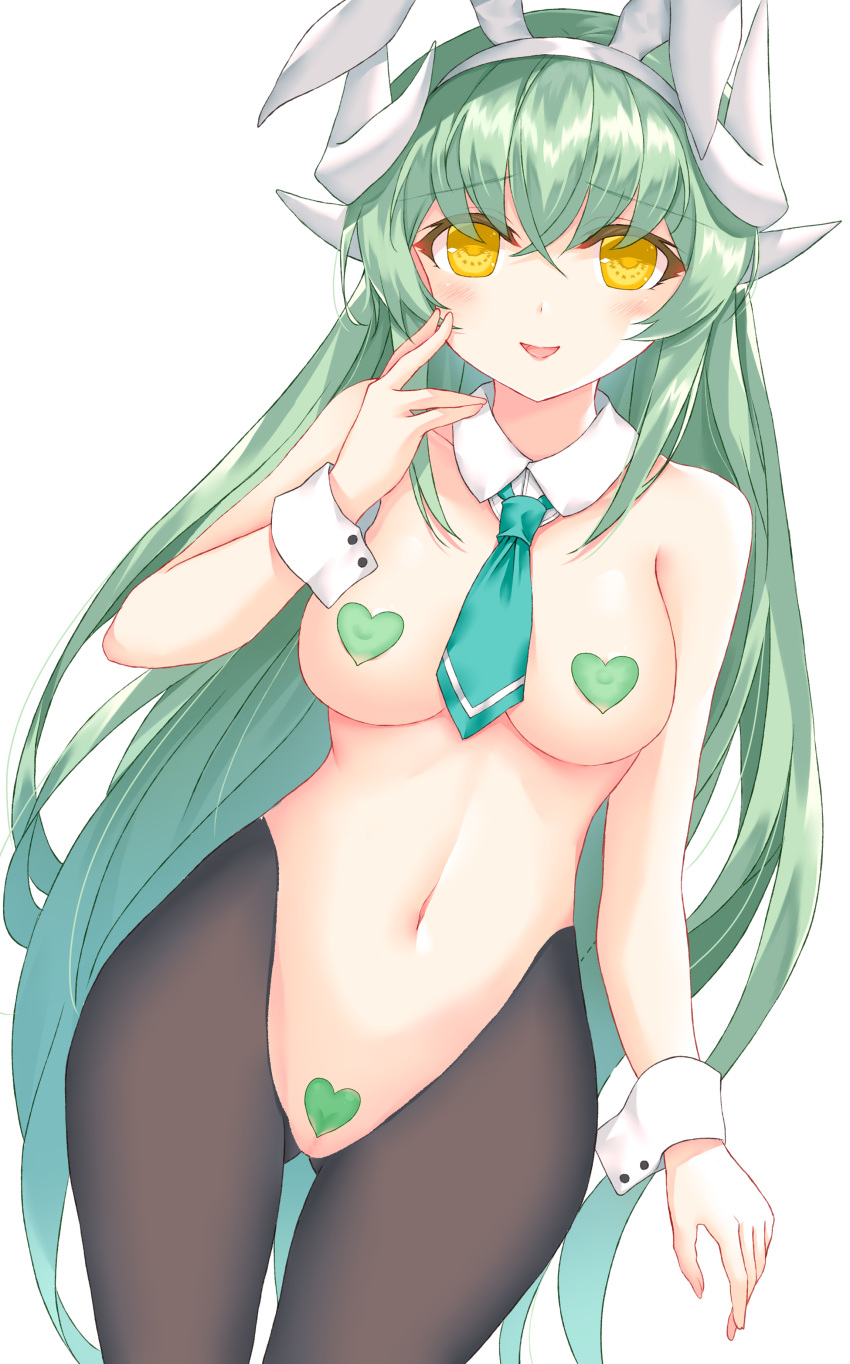 1girls censored fake_animal_ears fate/grand_order fate_(series) green_hair green_heart_pasties green_pasties horns kiyohime_(fate/grand_order) maebari morizono_shiki pasties pussy reverse_bunnysuit solo solo_female yellow_eyes