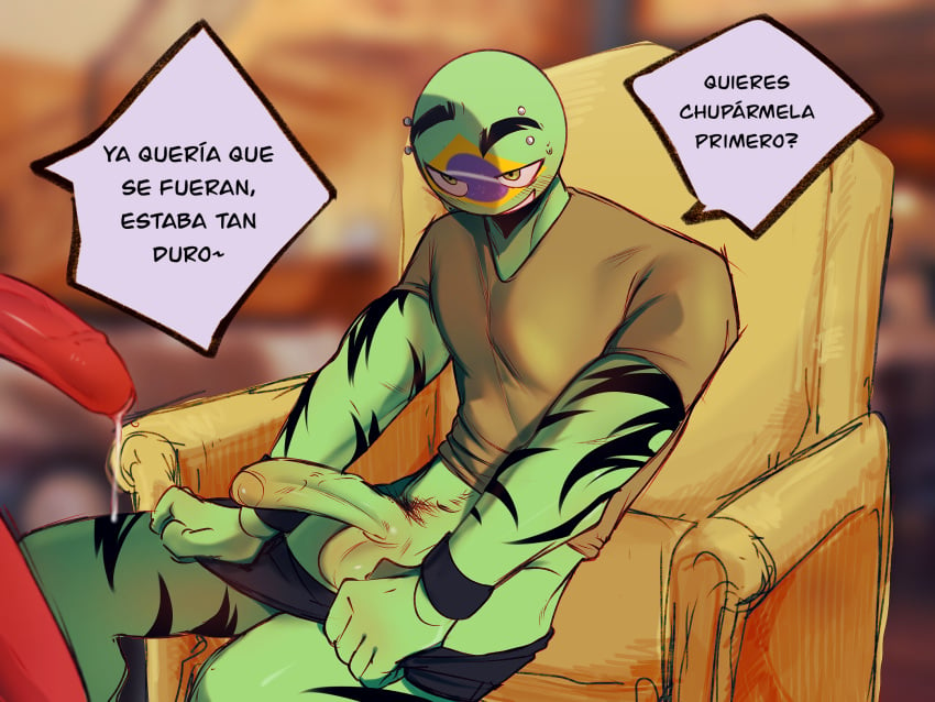 2boys big_penis brazil_(countryhumans) clothed_male clothes cock countryhumans dafriix dick gay green_body green_penis green_skin male/male male_only penis red_penis tatoos