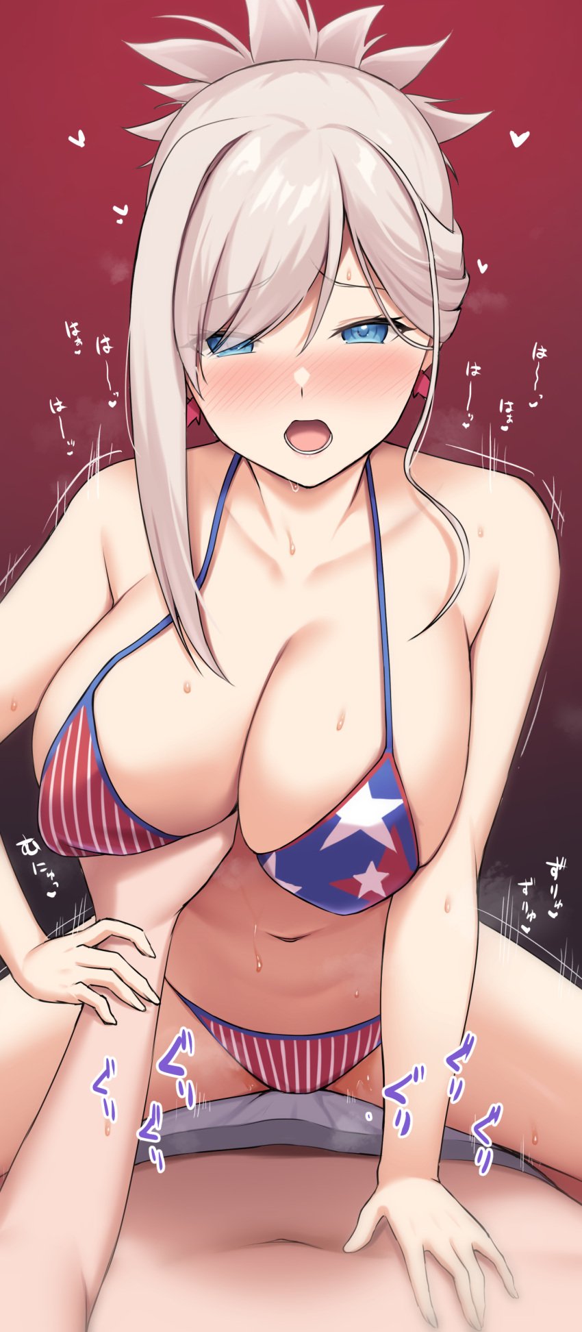 1girls absurdres american_flag american_flag_bikini american_flag_print bikini black_background blue_eyes blush breasts collarbone cowgirl_position fate/grand_order fate_(series) flag_print gradient_background heart highres large_breasts long_hair looking_at_viewer male_under_wear male_underwear miyamoto_musashi_(fate) miyamoto_musashi_(swimsuit_berserker)_(fate) motion_lines navel open_mouth pink_hair print_bikini red_background shirayuiii shirayuiii_(yn_shirase) solo_focus swept_bangs swimsuit tongue topless_male underwear