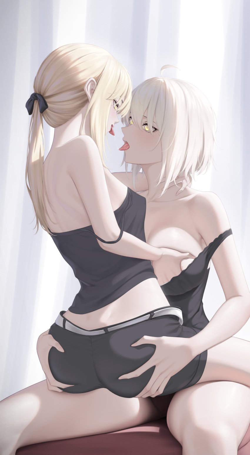 2girls alternate_breast_size artoria_pendragon artoria_pendragon_(alter) ass ass_grab breasts casual casual_clothes casual_suit clothed clothing fate/grand_order fate_(series) female female_only fingering_partner jeanne_alter jeanne_d'arc_(alter)_(fate) jeanne_d'arc_(fate) jeanne_d'arc_(fate)_(all) kissing large_breasts lesbian_sex medium_breasts nmi pleasure pleasure_face pleasured pleasured_face romantic saber saber_alter short_hair yuri