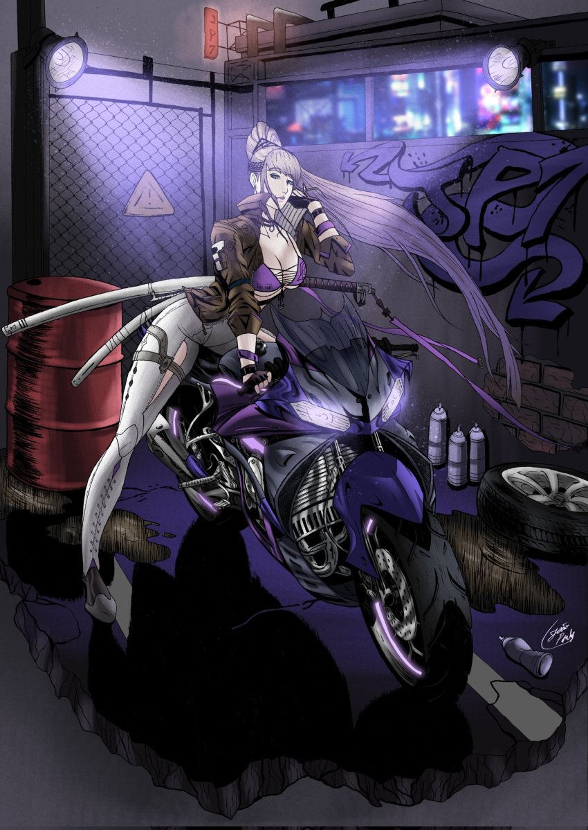 abs ass bai_yi_(path_to_nowhere) bike bra curvaceous curvaceous_female curvaceous_figure curvy curvy_female curvy_figure jacket jp7art katana long_hair motorbike motorcycle path_to_nowhere string_bra swordswoman thight_clothing thights tummy wheel wheels