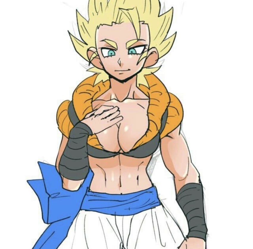 1girls blonde_hair breasts busty cleavage dragon_ball dragon_ball_z female female_gogeta genderswap_(mtf) gogeta light_green_eyes medium_breasts metamoran_clothing rule_63 saiyan smirk super_saiyan voluptuous