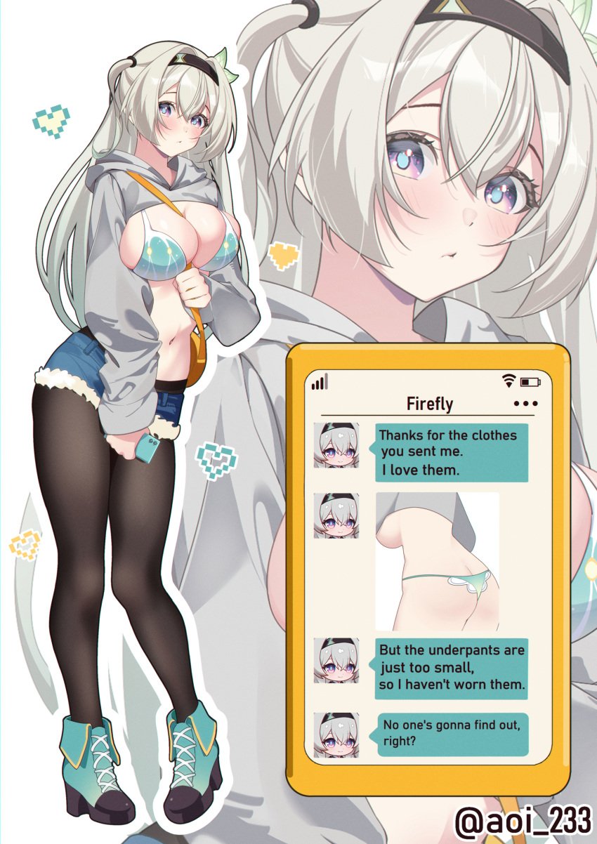 alternate_costume ass bag dialogue english_text firefly_(honkai:_star_rail) full_body grey_hoodie honkai:_star_rail hoodie huge_breasts indecent_exposure large_breasts multiple_views pantyhose phone_screen pulling_down_pants shoes short_shorts text text_message thong triangle_mouth twitter_username zoom_layer