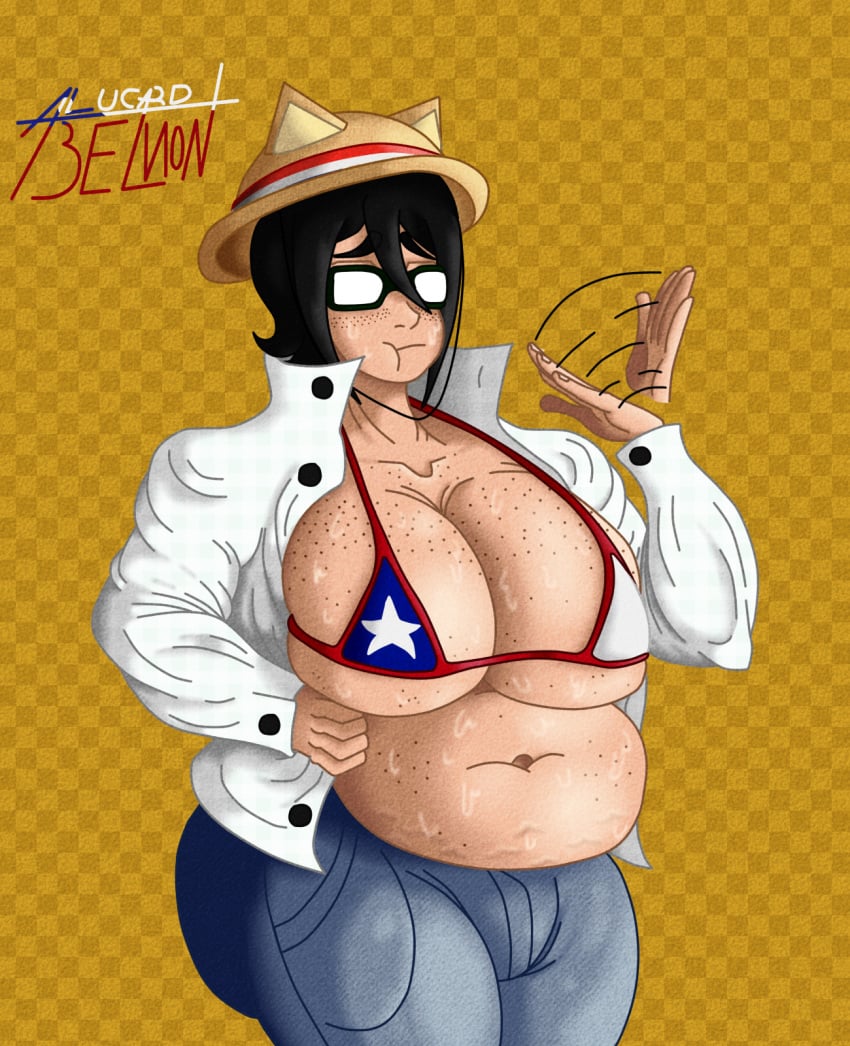 1girls alu-chan alucard_belmont artist_signature bbw belly belly_button big_belly black_hair chile chilean_flag chilean_flag_bikini exposed_belly exposed_torso female female_only freckles freckles_on_belly freckles_on_breasts glasses jeans open_clothes open_shirt plump pout pouting short_hair simple_background simple_shading sole_female straw_hat sweating textless textless_version