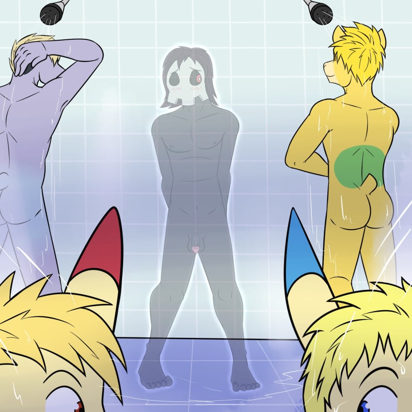 1:1 2024 5_fingers 5_toes anthro ass balls bathing black_balls black_body black_hair black_nipples black_penis blonde_hair blue_eyes blush communal_shower duskull embarrassed feet fingers flaccid floor front_view fur fuze generation_1_pokemon generation_3_pokemon genitals glans green_body green_fur grey_body grey_skin group hair hand_behind_head hands_behind_back hi_res hiding humanoid_genitalia humanoid_penis inside invisible looking_at_another machoke male male/male minun navel nintendo nipples nude numel penis pink_glans plantigrade plusle pokemon pokemon_(species) pokemorph raised_arm rear_view red_eyes rodd_(fuze) short_tail shower shower_head showering smile standing tail tile tile_floor tile_wall toes wall_(structure) water wet yellow_body yellow_fur yellow_tail