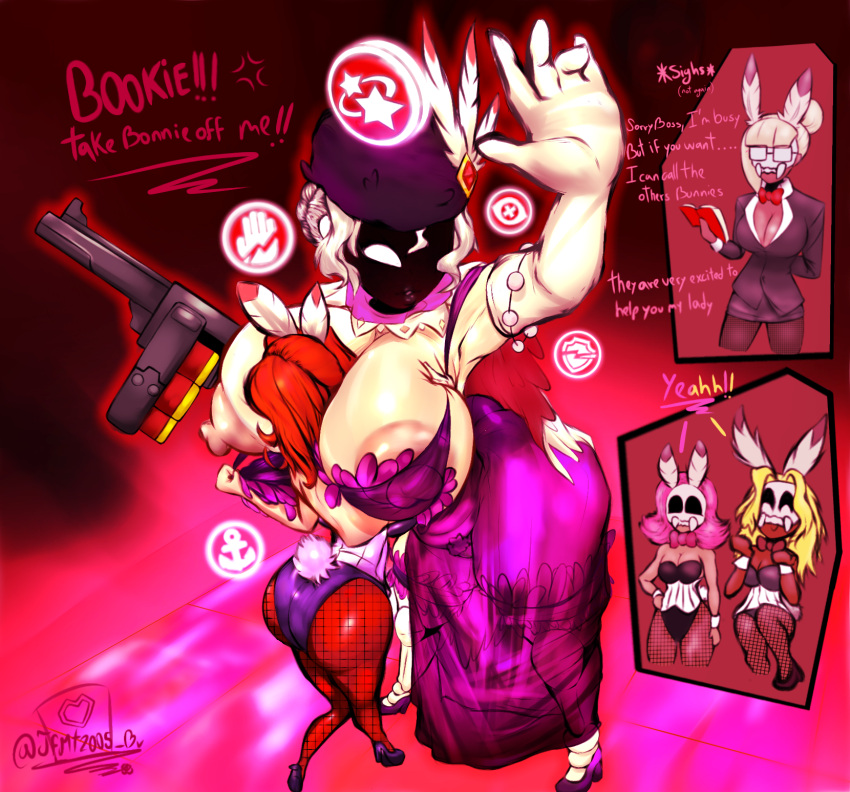 1girls 5girls big_breasts big_butt black_dahlia bonnie_(skullgirls) bookie_(skullgirls) brown_hair bunnies buttercup_(skullgirls) debuff dress effects enormous_breasts feathers glasses gray_hair heels huge_breasts huge_butt jfmt2005_bv killer_(skullgirls) large_breasts lipstick pink_hair rabbit rabbit_ears russian_hat serial_killer skullgirls stunned transparent_clothing trapped undressing uniform yellow_hair