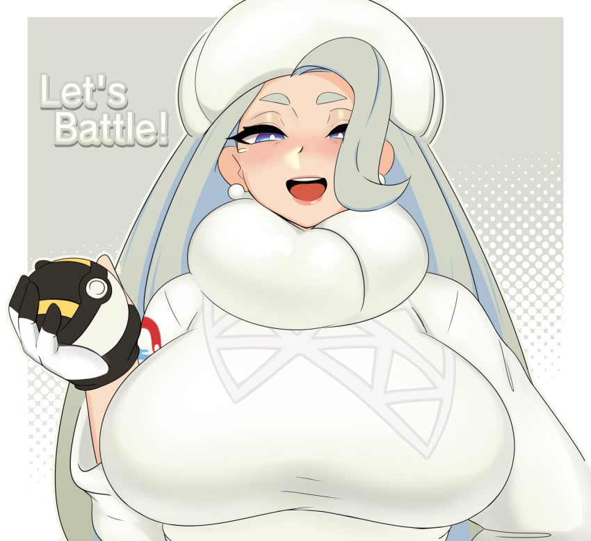 1girls big_breasts blue_eyes blush border breasts creatures_(company) earrings female fur_collar game_freak gloves gradient_background grey_background grey_hair hat highres holding holding_poke_ball jewelry large_breasts lips long_hair long_sleeves melony_(pokemon) nintendo open_mouth poke_ball pokemon pokemon_ss shnibbles smile solo sweater teeth tongue upper_body upper_teeth_only white_border white_hat white_sweater