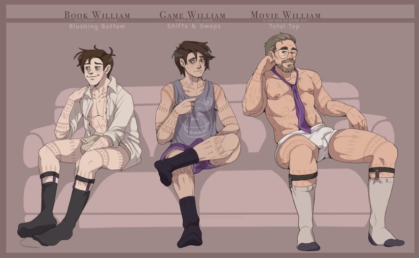 2024 3boys balls ballsack beard brown_hair bulge bulge_through_clothing color colored couch couch_sitting dark_circles dave_miller digital_drawing_(artwork) digital_media_(artwork) english_text eye_bags facial_hair five_nights_at_freddy's five_nights_at_freddy's_(film) fnaf gay_male glasses grey_eyes grey_hair half-dressed half_naked hi_res high_resolution highres light-skinned_male light_skin looking_at_viewer looking_away male male_only multiple_boys nipples open_shirt pale-skinned_male pale_skin penis penis_under_clothes pink_nipples repressed_youth scar scars scars_all_over scottgames short_hair simple_background sitting sitting_down sitting_on_couch smile smiling smiling_at_viewer sock_garters socks tank_top text tie twink twink_death unbuttoned unbuttoned_shirt underwear william_afton william_afton_(film)