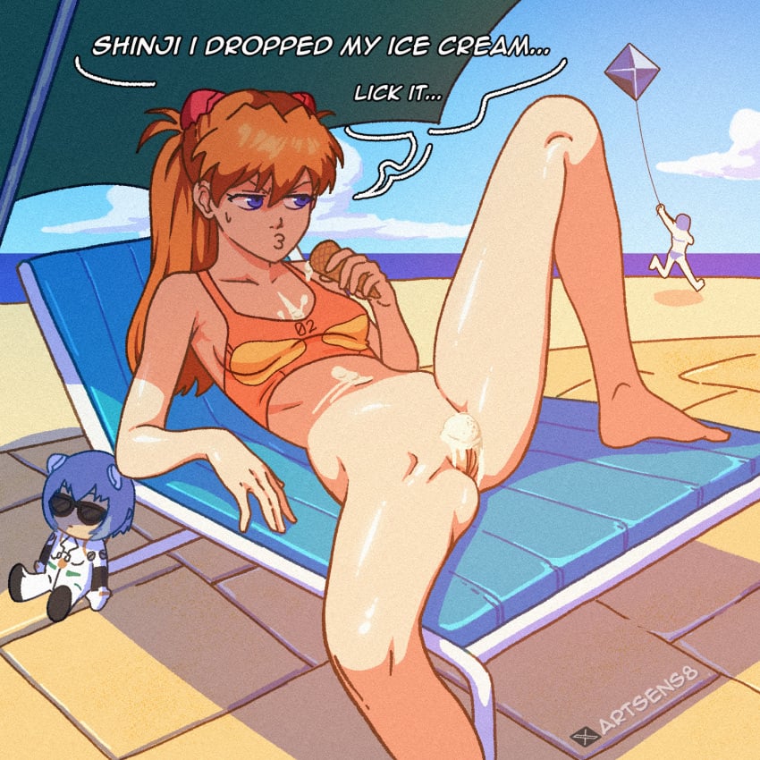 1:1_aspect_ratio artsens8 asuka_langley_sohryu bangs barefoot beach beach_chair bikini bikini_bottom_removed bikini_top bikini_top_only blue_eyes blue_hair bodysuit bottomless breasts chair clothing cloud day english_language english_text eyewear feet female food food_on_body hairpods headgear high_resolution holding ice_cream ice_cream_cone interface_headset long_hair lying messy multiple_girls navel neon_genesis_evangelion ocean on_back orange_hair outdoor_bottomlessness outdoors pilot_suit plugsuit pussy reclining rei_ayanami sand sexually_suggestive shadow sky small_breasts solo solo_focus spread_legs sunglasses sweatdrop swimsuit text two_side_up umbrella vagina