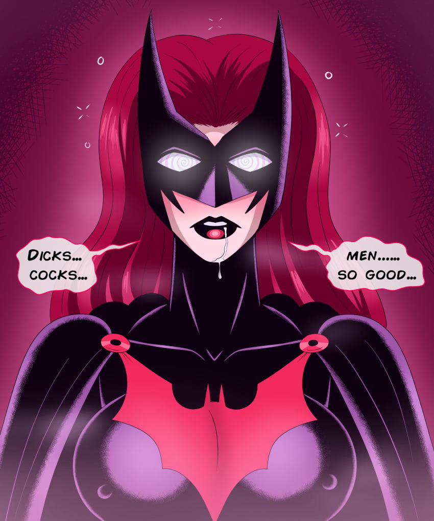 batman_(series) batwoman big_breasts brainwashing cape dc dc_comics dialogue drool drooling female_focus female_only hypnosis kate_kane lesbian_conversion light-skinned_female lipstick long_hair mask mind_control nipples_visible_through_clothing orientation_play pale_skin polmanning purple_background red_background red_hair red_lipstick saliva solo_focus speech_bubble spiral_eyes straight superheroine text white_eyes