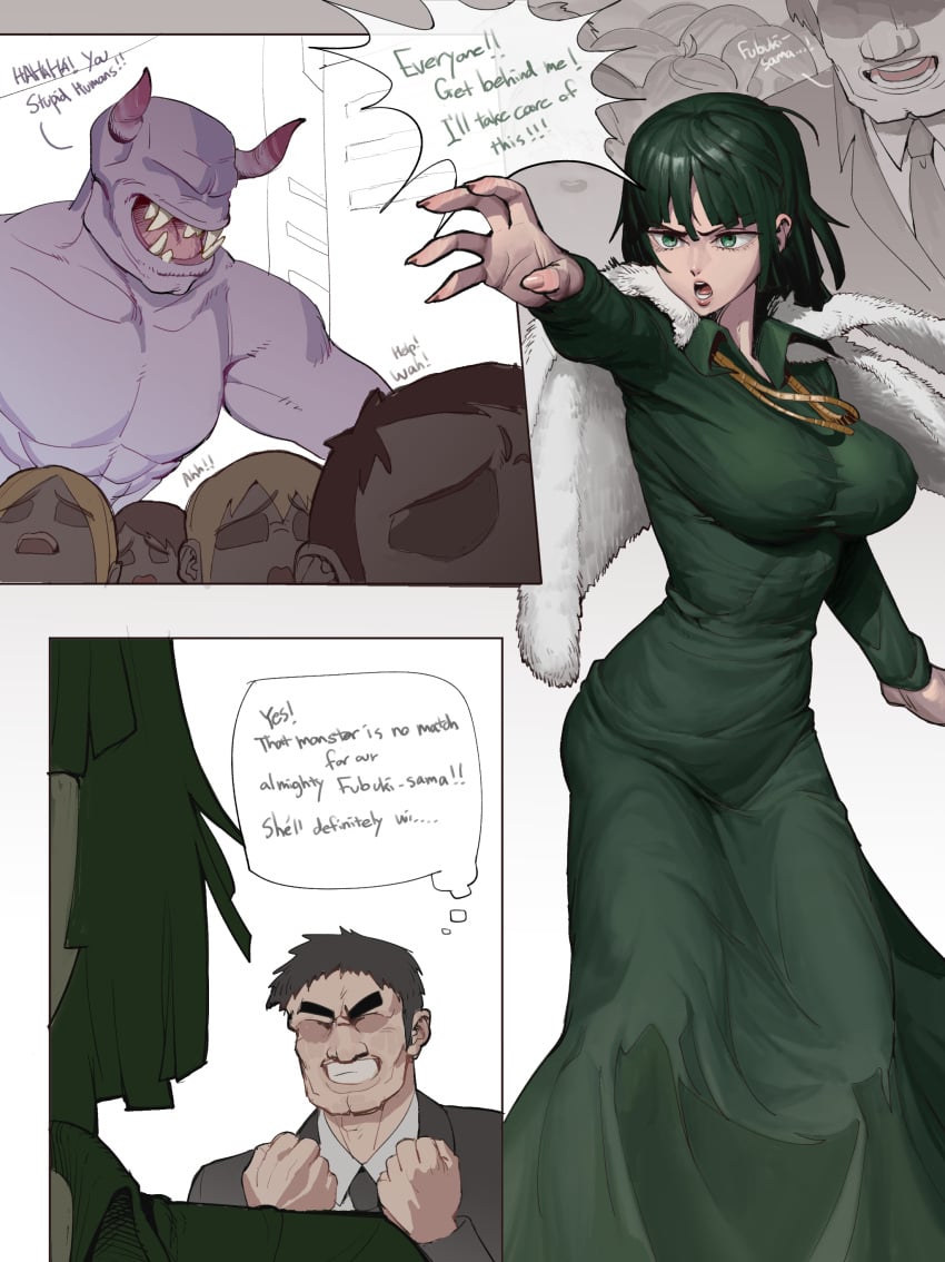 big_breasts breasts curvaceous curvy dialogue dress fubuki_(one-punch_man) green_dress green_eyes green_hair hourglass_figure large_breasts monster one-punch_man scared short_hair text voluptuous wjs07