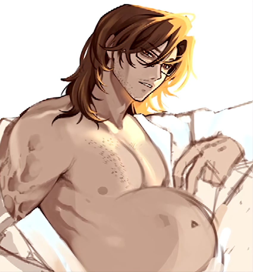 body_hair glasses gregor_(limbus_company) limbus_company pregnant pregnant_male project_moon solo_male