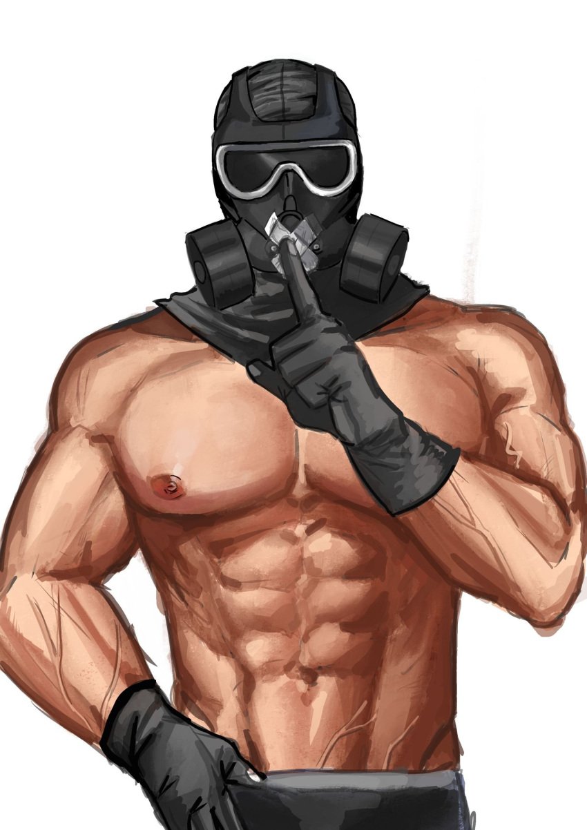 1boy gas_mask male male_only masked masked_male muscular muscular_male mute_(rainbow_six) rainbow_six_siege shh shirtless shirtless_male shushing solo solo_male veins white_background zkxsd2