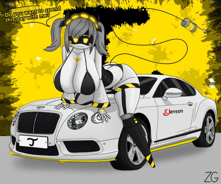 2d bentley_continental_gt big_breasts bikini blush bow breasts breasts_bigger_than_head car english_text glitch_productions humanoid j_(murder_drones) looking_at_viewer murder_drones pigtails robot robot_girl robot_humanoid screen_face sitting_on_car tagme tail talking talking_to_viewer text text_bubble zhenyagazin