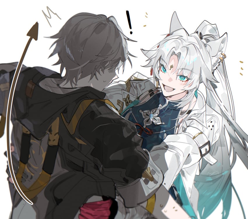 blue_eyes caelus_(honkai:_star_rail) carrying carrying_another carrying_partner cloth clothed clothes clothing feixiao_(honkai:_star_rail) fox fox_ears fox_girl gloves grey_hair honkai:_star_rail honkai_(series) hoyoverse jacket larger_female magnolia29 nervous smaller_male stronger_female sweatdrop taller_female trailblazer_(honkai:_star_rail) white_hair