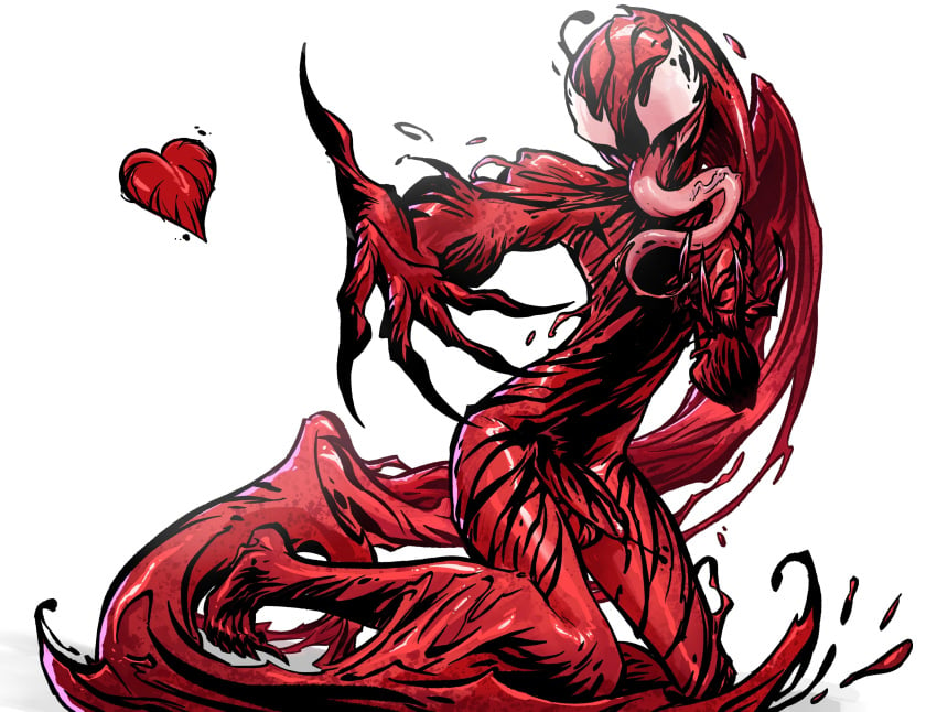 2024 absurd_res after_transformation balls black_markings bodily_fluids carnage_(marvel) claws digital_media_(artwork) erection feet genitals goo_transformation heart_symbol hi_res looking_at_viewer male markings marvel maxspite nude open_mouth penis red_body simple_background solo symbiote teeth tendrils tongue tongue_out transformation