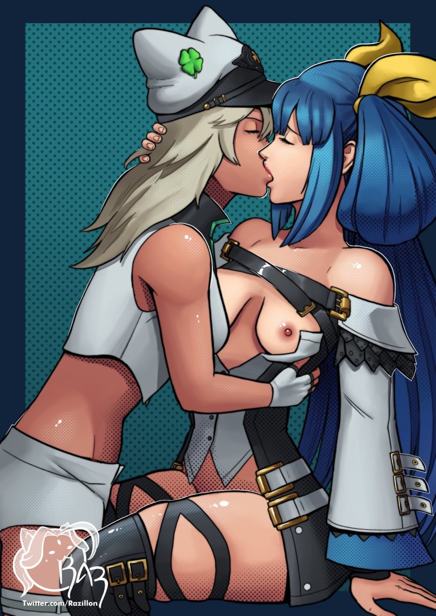 2girls belt blonde_hair blue_hair breasts cheating_(relationship) dark_skin dizzy_(guilty_gear) female/female female_only guilty_gear guilty_gear_strive guilty_gear_xrd hand_on_another's_head hat highres interracial kissing lesbian lesbian_kiss medium_breasts multiple_girls only_female ramlethal_valentine razillon twintails unbuttoned unbuttoned_shirt yuri