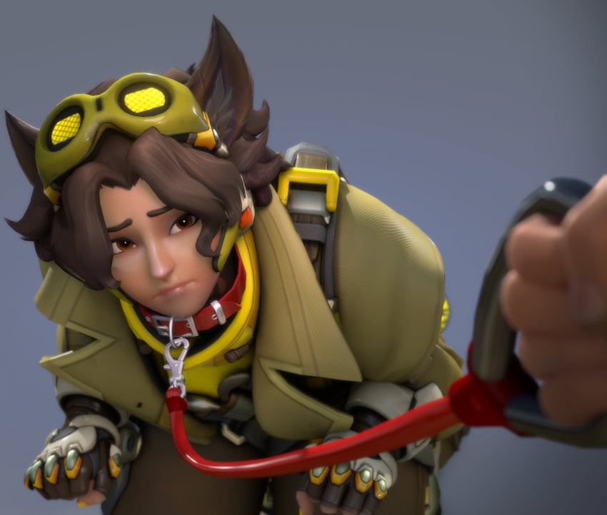 3d 3d_(artwork) blender blender_(software) blizzard_entertainment brown_eyes brown_hair clothed clothing collar dark_skin dog_collar dog_ears genderless interracial leash leash_and_collar light_skin overwatch overwatch_2 rwt4184 venture