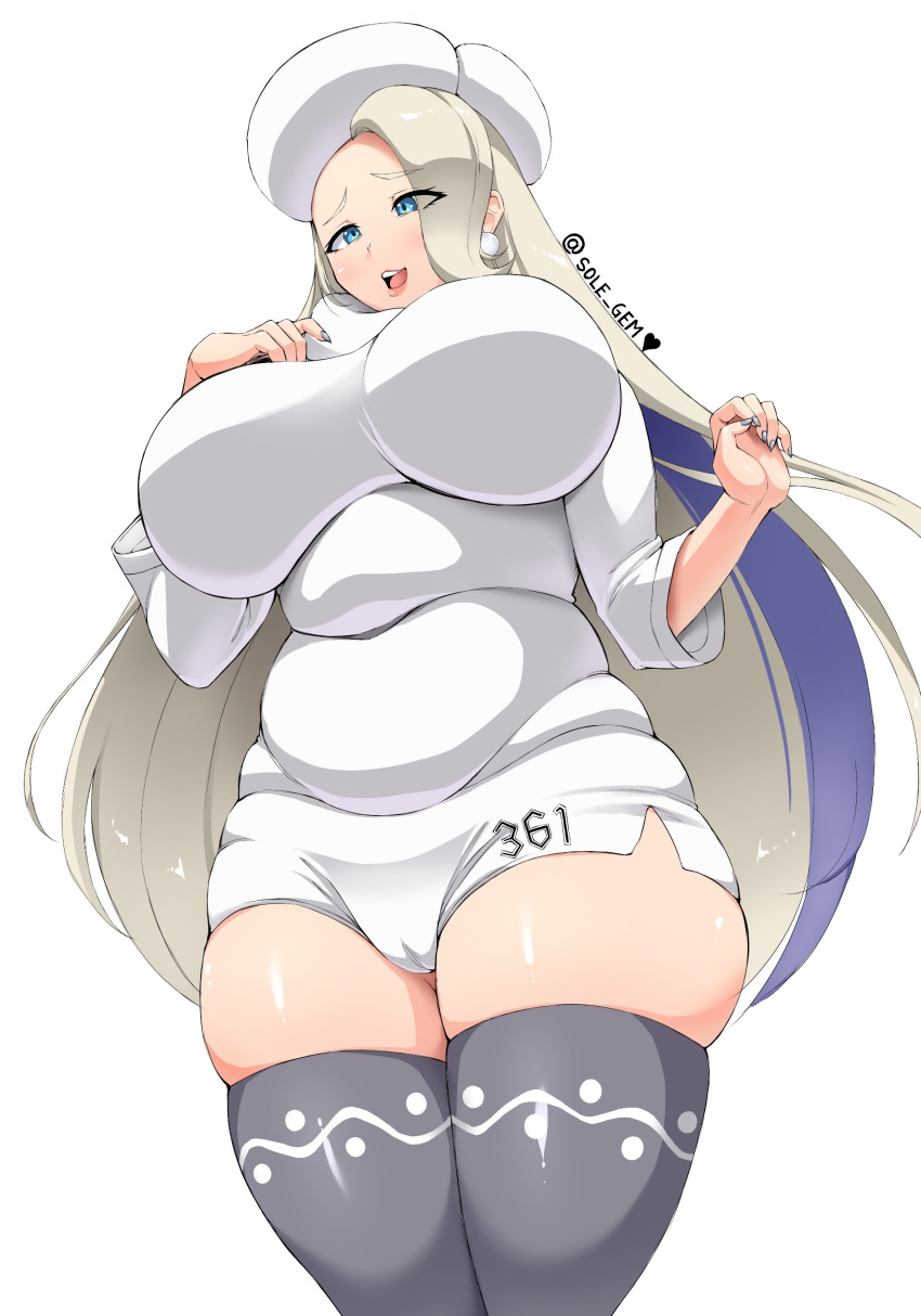 1girls belly big_breasts blue_eyes cameltoe chubby chubby_female female fully_clothed grey_hair huge_breasts large_breasts long_hair mature_female melony_(pokemon) midriff milf mother nintendo pale-skinned_female pale_skin pokemon pokemon_ss shorts sole_gem thick_thighs thigh_gap thighhighs thighs white_background wide_hips