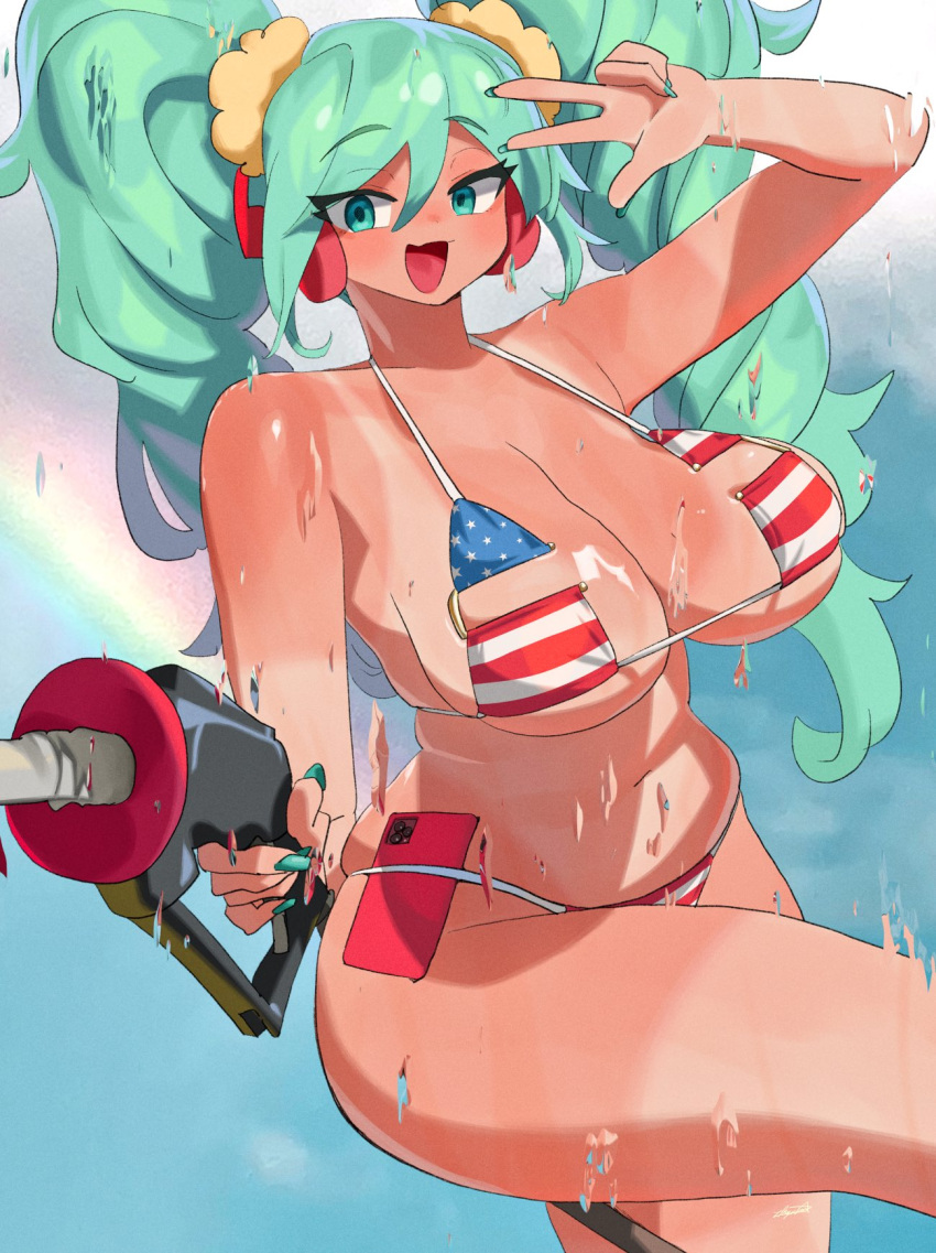 1girls american_flag_bikini bikini breasts cleavage female female_only freedom_miku hatsune_miku large_breasts looking_at_viewer patriotic_clothing ryusei_hashida solo tan_body tan_skin tanline thighs vocaloid wide_hips