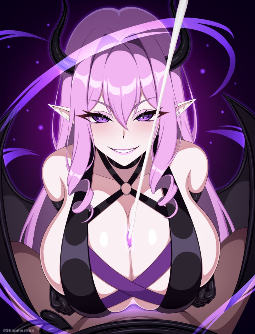 1boy 1girls cum demon_girl demon_horns demon_tail demon_wings draining draining_energy ejaculation_between_breasts energy_drain femdom large_breasts latex_gloves lipstick looking_at_viewer original paizuri paizuri_under_clothes pink_hair pov purple_eyes shimmerhex succubus