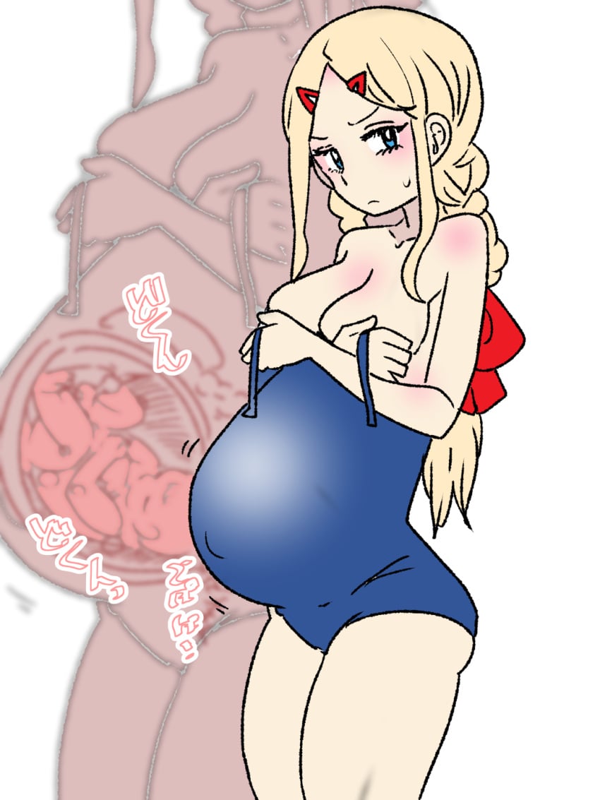 1girls blonde_hair blue_eyes blush breasts clothing cross_section female fetus kuroihi_(kuroihitsuji) legs_together long_hair original pregnant red_hair_bow school_swimsuit schoolgirl standing umbilical_cord uterus x-ray