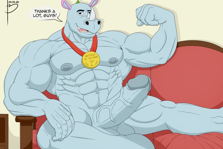 2020 3:2 5_fingers abs animal_crossing anthro bayron_(artist) big_penis black_eyes boner english_text erection eyebrows fingers flexing furniture genitals gold_medal hi_res horn jewelry leaf looking_at_viewer male male_only mammal medal muscular muscular_male necklace nintendo nipples nude penis pose rhinocerotoid smile sofa solo tank_(animal_crossing) teeth text vein veiny_penis video_games