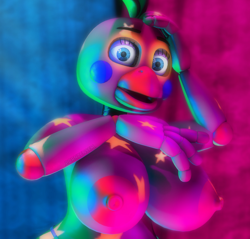 3d 3d_(artwork) arms_raised beak big_breasts blue_eyes breasts chicken colorful colorful_background erect_nipples eyelashes female_only five_nights_at_freddy's glowing_eyes hand_on_head huge_breasts large_breasts looking_at_viewer panties pornzensfm_(artist) puffy_nipples robot robot_joints source_filmmaker thick toy_chica_(fnaf) watermark zentaisfm