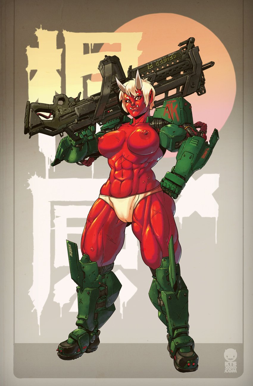 1girls abs areolae armor big_lips breasts brown_eyes cameltoe collarbone cybernetics female female_only front_view functionally_nude gun hand_on_hip highres horns huge_weapon humanoid japanese_text kts large_breasts looking_at_viewer monster monster_girl muscles muscular_female nipples nude oni original panties perky_breasts pointy_ears power_armor ranged_weapon red_nipples red_skin rifle scar science_fiction serratus_anterior short_hair solo standing text tusks url watermark weapon weapon_over_shoulder white_hair white_panties