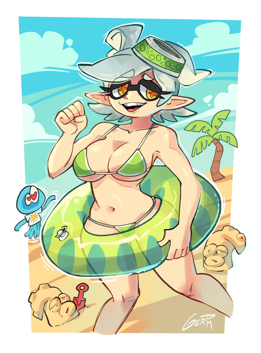 +_+ 1girls 5_fingers beach bikini busty female gerph green_bikini inkling jellyfish jellyfish_(splatoon) large_breasts marie_(splatoon) mole_under_eye nintendo octarian open_mouth pointy_ears splatoon splatoon_2 symbol-shaped_pupils tagme tentacle tentacle_hair unusual_pupils white_hair wide_hips yellow_eyes yellow_pupils