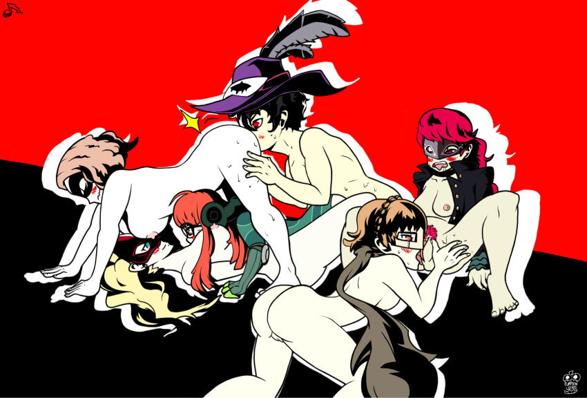 1boy 5girls ann_takamaki ass atlus bisexual bisexual_female breasts breasts_in_face clothing cunnilingus domino_mask female haru_okumura hat human joker_(persona) kasumi_yoshizawa makoto_niijima male mask mask_only masked masked_female megami_tensei naked nude nude_female nude_male oral orgy pale_skin persona persona_5 persona_5_royal phantom_thief_suit pussy realpumpkinlord ren_amamiya sakura_futaba straight sumire_yoshizawa yuri