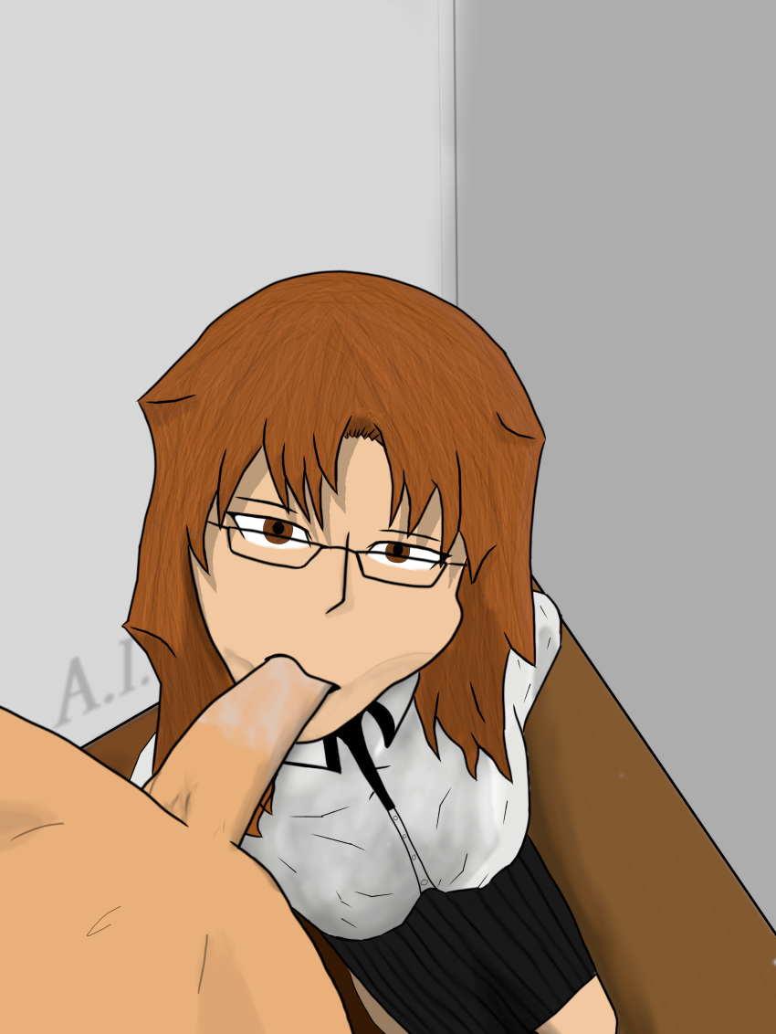 blowjob brown_eyes brown_hair fellatio female floor glasses glasses_on_head kiryuu_moeka male oral saliva shirt skirt steins;gate steins;gate_0 wall white_skin