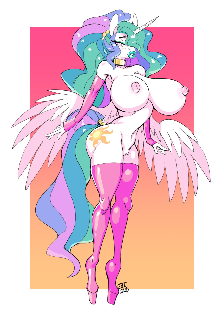 absurdres alicorn anthro areola bimbo bimbofied breasts equid female friendship_is_magic furry genitals highres horn huge_breasts large_breasts lips mammal my_little_pony nipples nude princess_celestia_(mlp) pussy scarfyace solo thick_lips thighhighs wide_hips wings