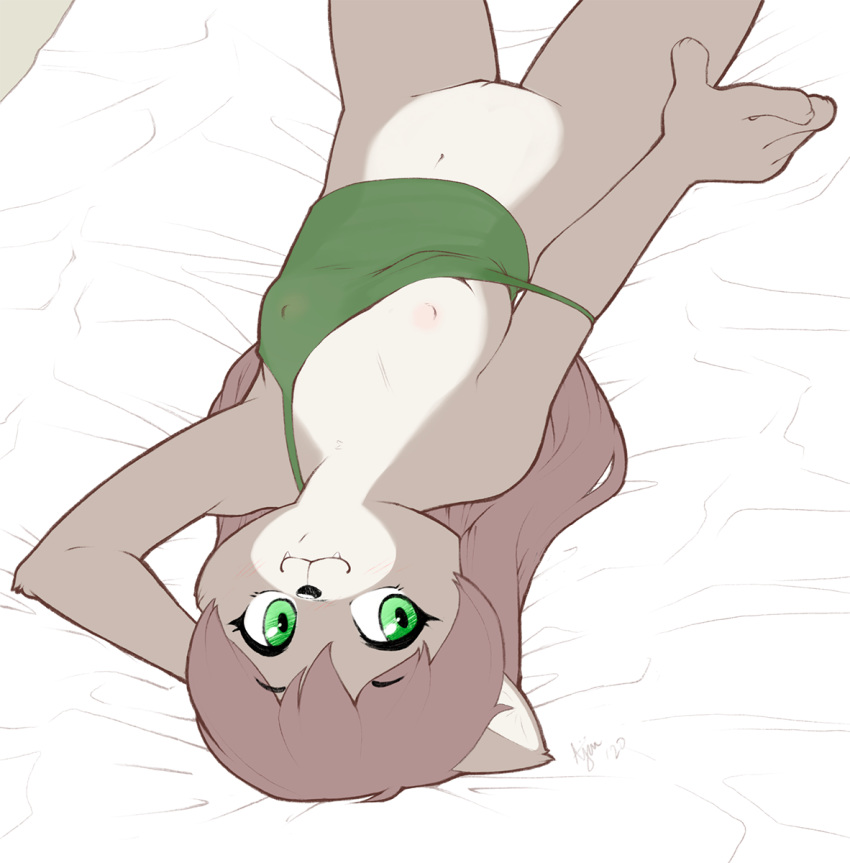 ajin anthro bottomless breasts clothed clothing cute_fangs domestic_cat exposed_breasts fangs felid feline felis female genitals green_eyes hair hi_res laying_on_bed mammal nipples one_breast_out pussy shirt small_breasts solo tank_top topwear