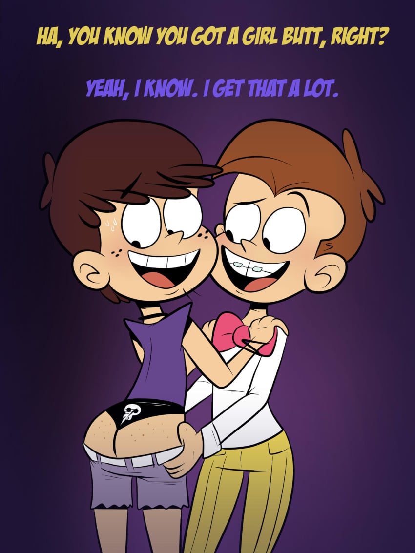 2boys ass big_ass big_butt blush brother brothers brown_hair butt clothing freckles gay incest lane_loud luan_loud luke_loud luna_loud male male_only rule_63 scobionicle99 short_hair shorts sibling siblings straight_hair sweat text the_loud_house yaoi