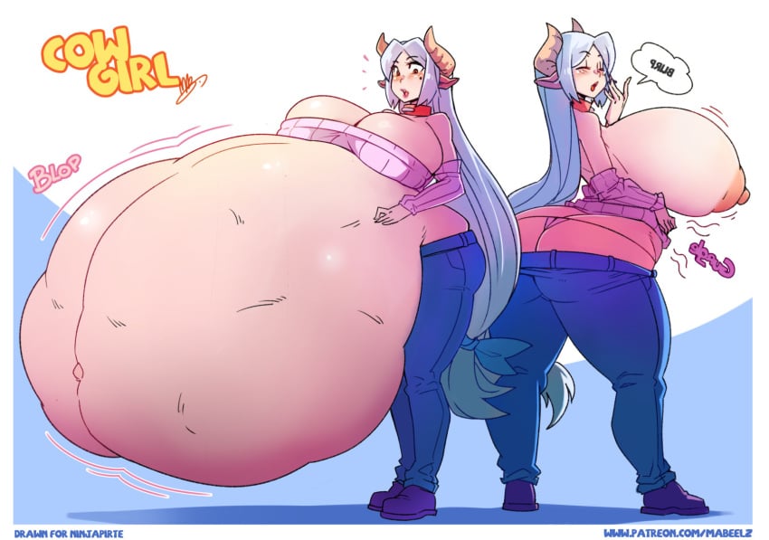 animal_ears areolae artist_signature belly big_belly blue_hair blushing breast_expansion breasts breasts_bigger_than_head burp burping clothing collar cow_ears cow_girl cow_horns digestion digestion_noises female female_pred gigantic_breasts horns huge_belly jeans light-skinned_female light_skin long_hair mabeelz multiple_prey nipples onomatopoeia panties pants post_vore shoes vore