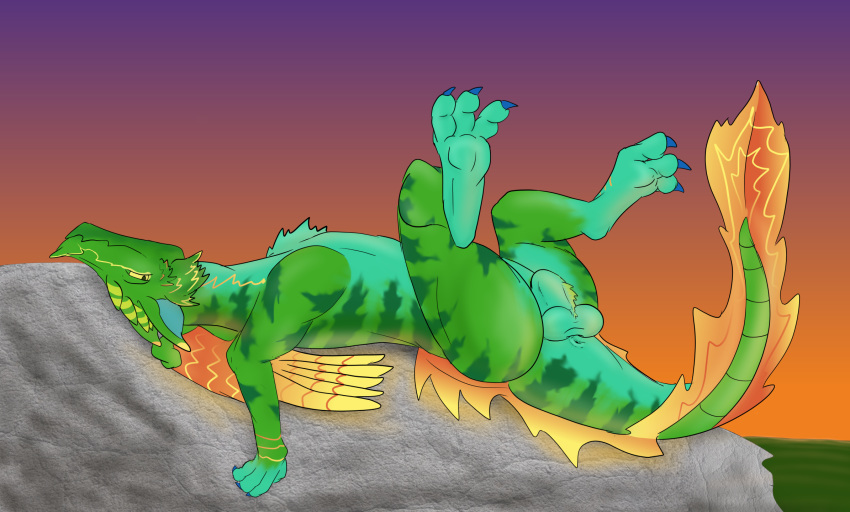 animal_genitalia anus araphre_(artist) balls dragon feral frill_(anatomy) genitals hi_res kite_(monsterfuzz) looking_at_viewer lying male male_only on_back paws presenting reclining rock sheath simple_background solo wings