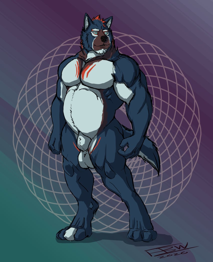 absurd_res animal_genitalia animal_penis anthro balls belly blue_body blue_fur canid canine canine_penis canis detailed_background fullbodywolf fur genitals hair hi_res male male_only mammal markings musclegut muscular muscular_male orange_hair pecs penis pose sheath solo standing white_body white_fur wolf ypsilon