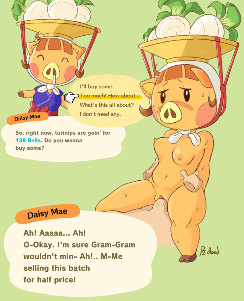 2020 animal_crossing blush_stickers breasts closed_eyes daisy_mae_(animal_crossing) english_text female furry highres nintendo nipples nude penis pig pussy robedart sex snot speech_bubble straight thighs turnip vaginal_penetration