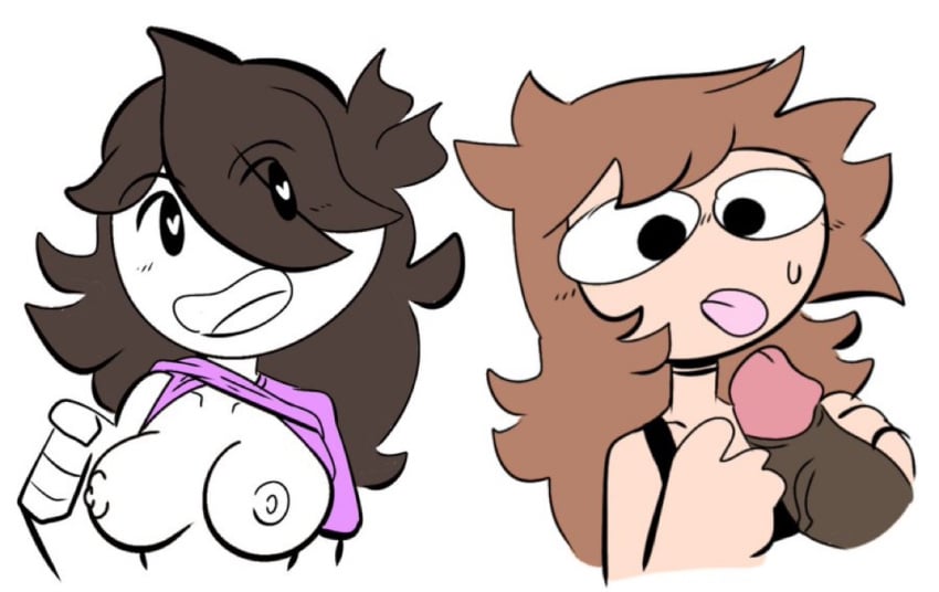 2girls breasts breasts_out brown_hair dark-skinned_male deatthot disembodied_penis heart-shaped_pupils imminent_oral jaiden jaiden_animations jaidenanimations penis shgurr shirt_lift shirt_up youtube youtuber