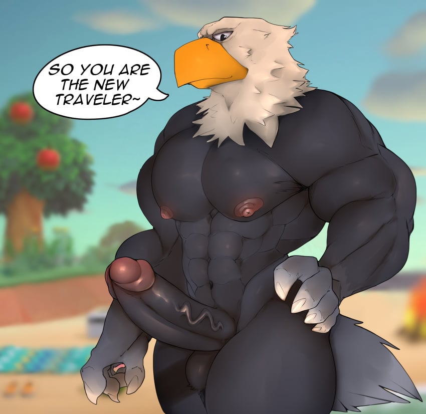 1boy 5_fingers abs absurd_res accipitrid accipitriform animal_crossing anthro apollo_(animal_crossing) avian bald_eagle balls beach beach_towel beak big_muscles big_penis bird black_balls black_body blue_sky cloud deuzion dialogue eagle english_text fingers fruit_tree gay genitals glans hand_on_hip hi_res humanoid_genitalia humanoid_penis lykansden male male_only muscular muscular_male nintendo nipples nude outside pecs penis pink_glans pink_nipples sea_eagle seaside sky solo speech_bubble talking_to_viewer text vein video_games white_body yellow_beak