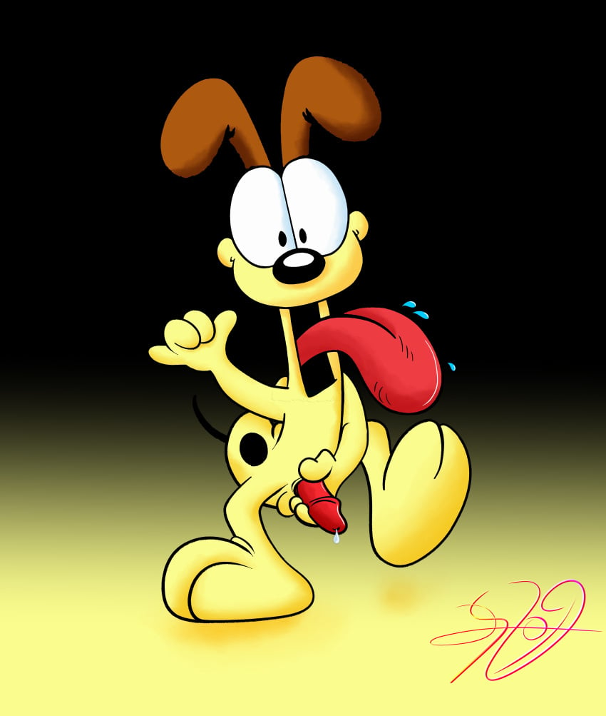 1boy absurd_res anthro canid canine canis domestic_dog erection feral garfield_(series) genitals hi_res holding_penis lobofeo looking_at_viewer male male_only mammal nickelodeon odie on_one_leg open_mouth paws,_inc. penis pinup pose simple_background smile solo standing tongue tongue_out